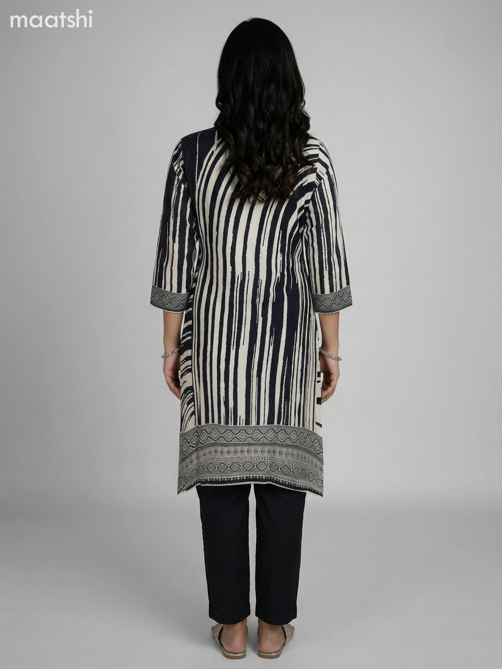 Black and Cream Muslin Printed Fish Cut Suit