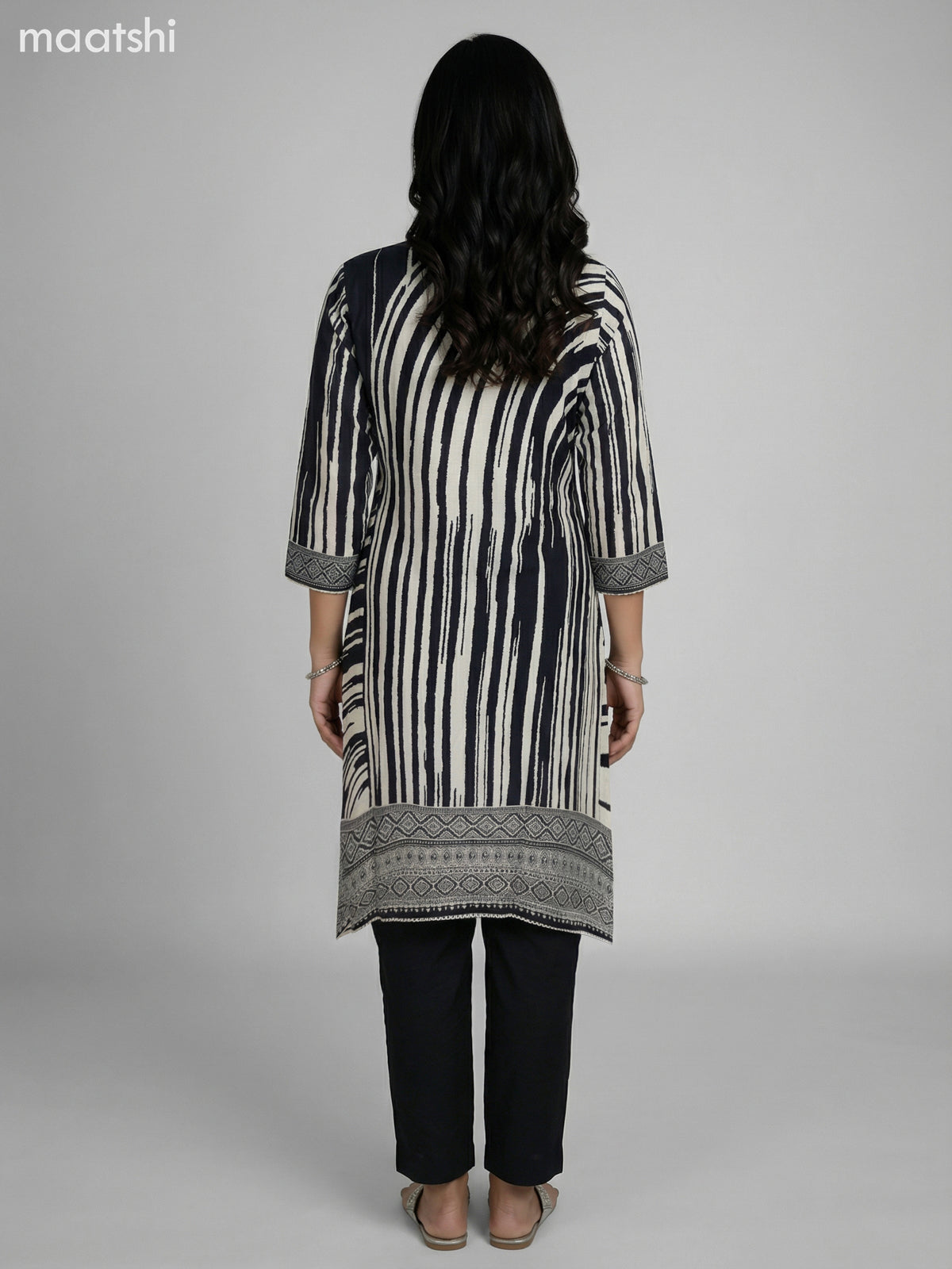 Black and Cream Muslin Printed Fish Cut Suit