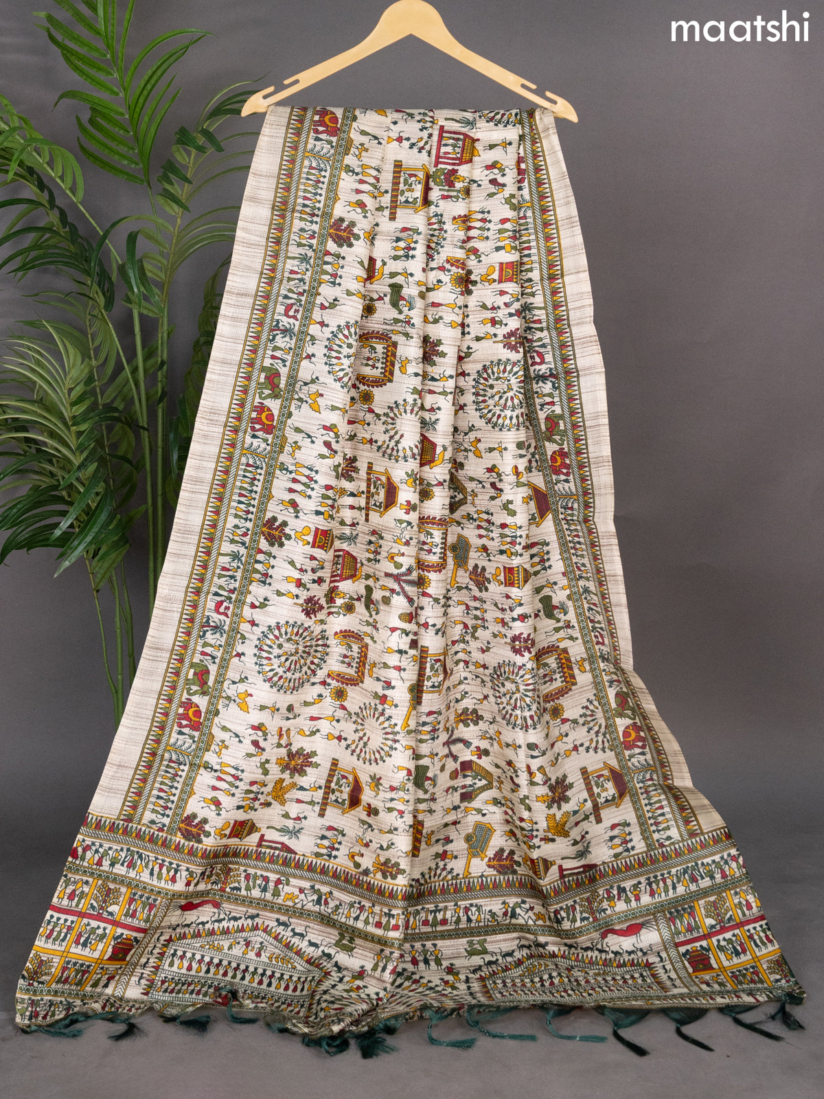 Beige and Green Semi Tussar With Warli Printed Dupatta
