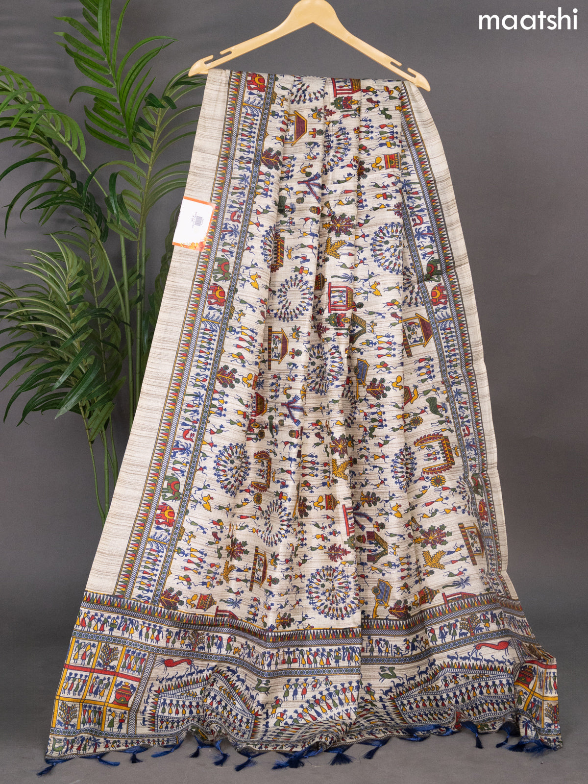 Beige and Blue Green Semi Tussar With Warli Printed Dupatta