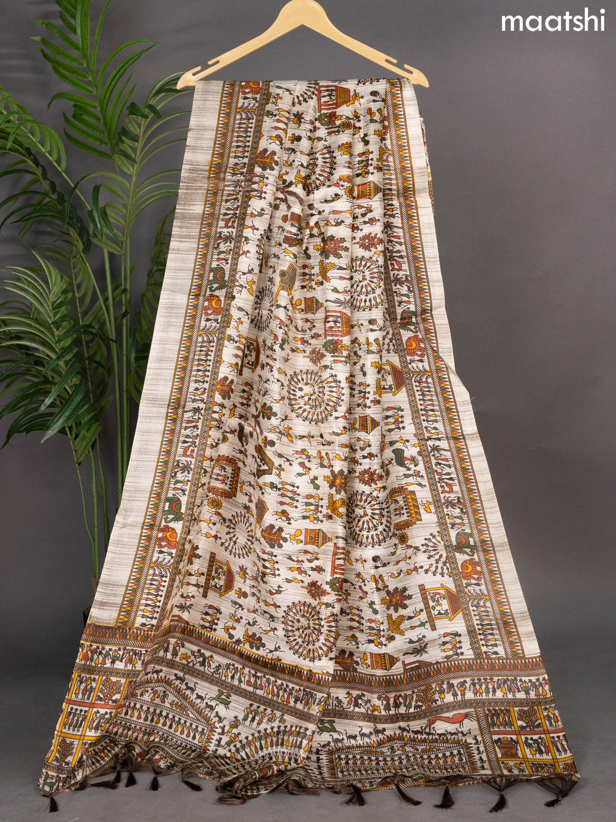 Beige and Brown Green Semi Tussar With Warli Printed Dupatta