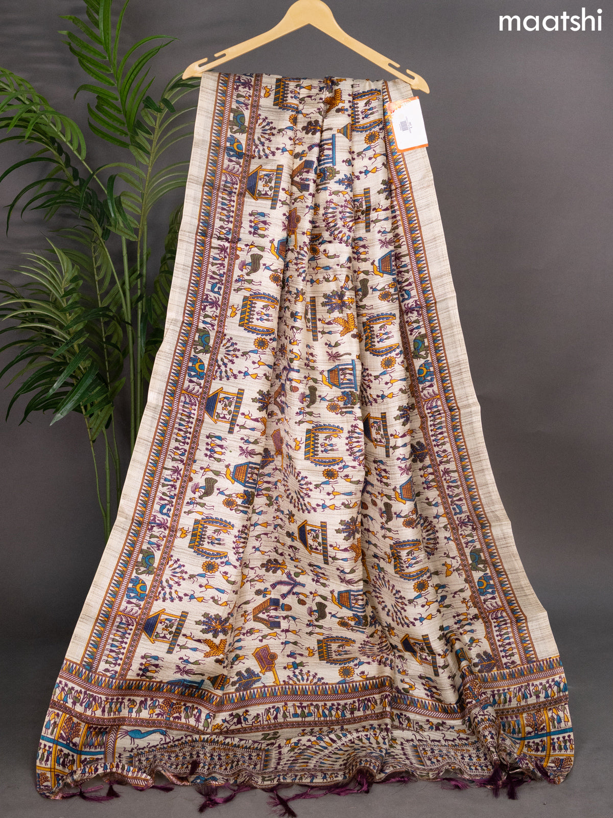 Beige and Purple Green Semi Tussar With Warli Printed Dupatta