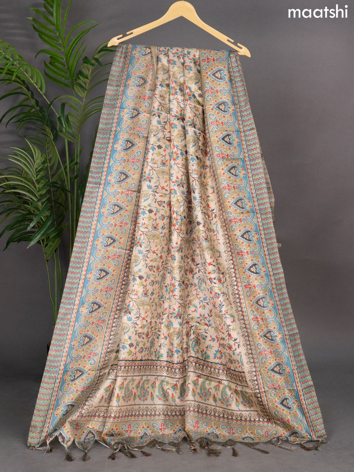 Beige and Blue Semi Tussar With Madhubani Printed Dupatta