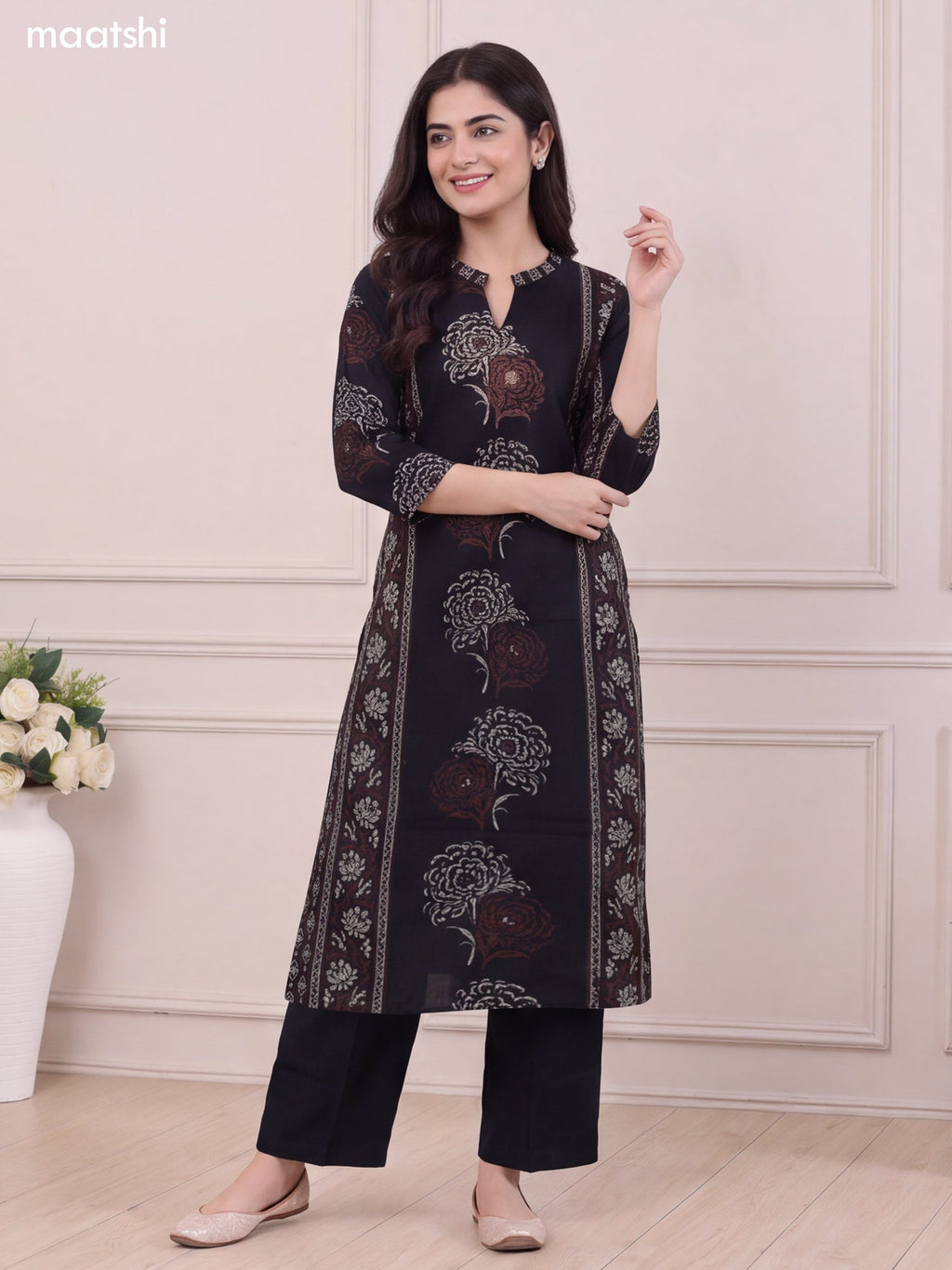 Black and Dark Peacock Green Rayon Floral Printed & Embroidery Work A-Line Kurti Set
