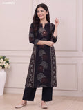 Black and Dark Peacock Green Rayon Floral Printed & Embroidery Work A-Line Kurti Set