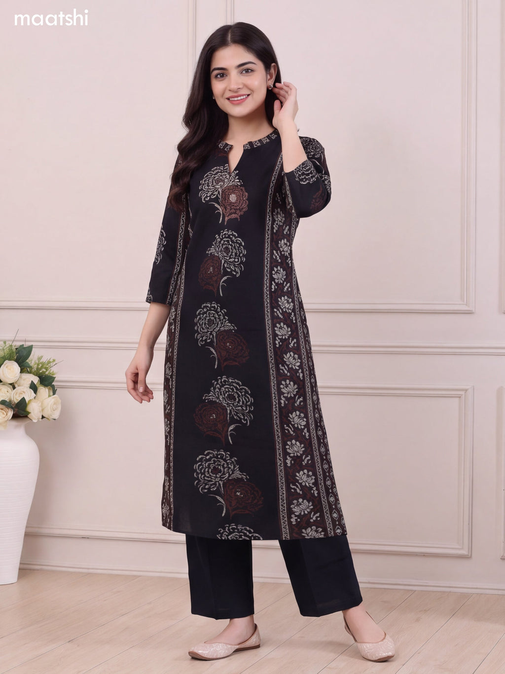 Black and Dark Peacock Green Rayon Floral Printed & Embroidery Work A-Line Kurti Set