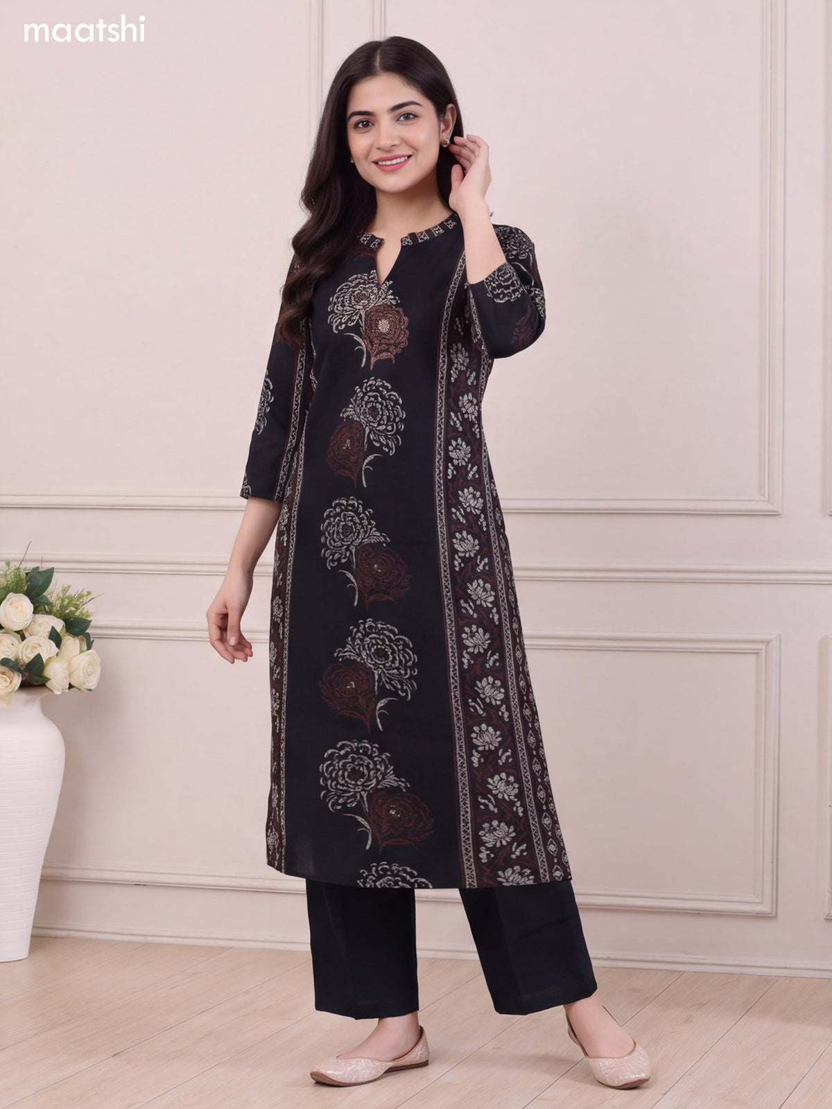 Black and Dark Peacock Green Rayon Floral Printed & Embroidery Work A-Line Kurti Set