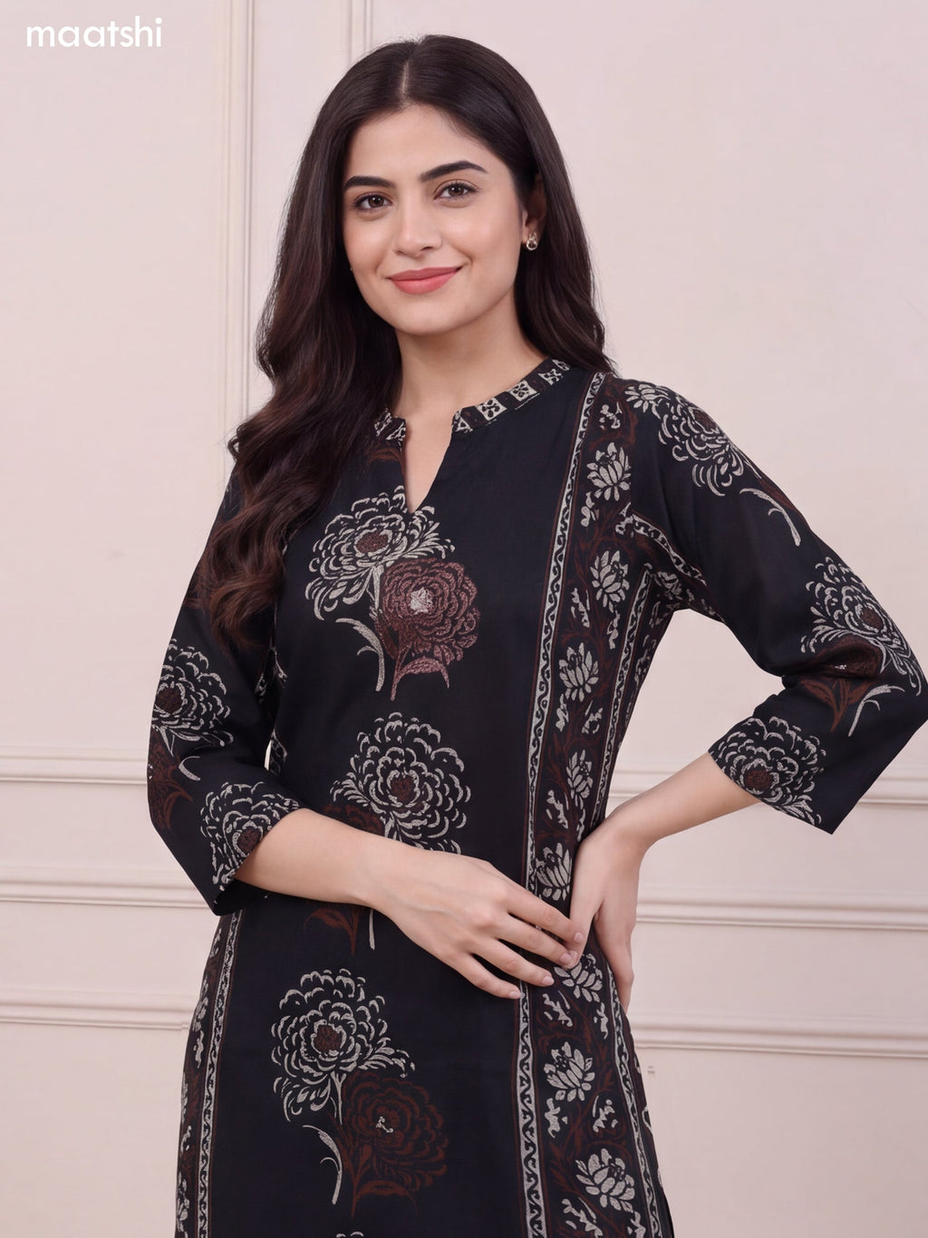 Black and Dark Peacock Green Rayon Floral Printed & Embroidery Work A-Line Kurti Set