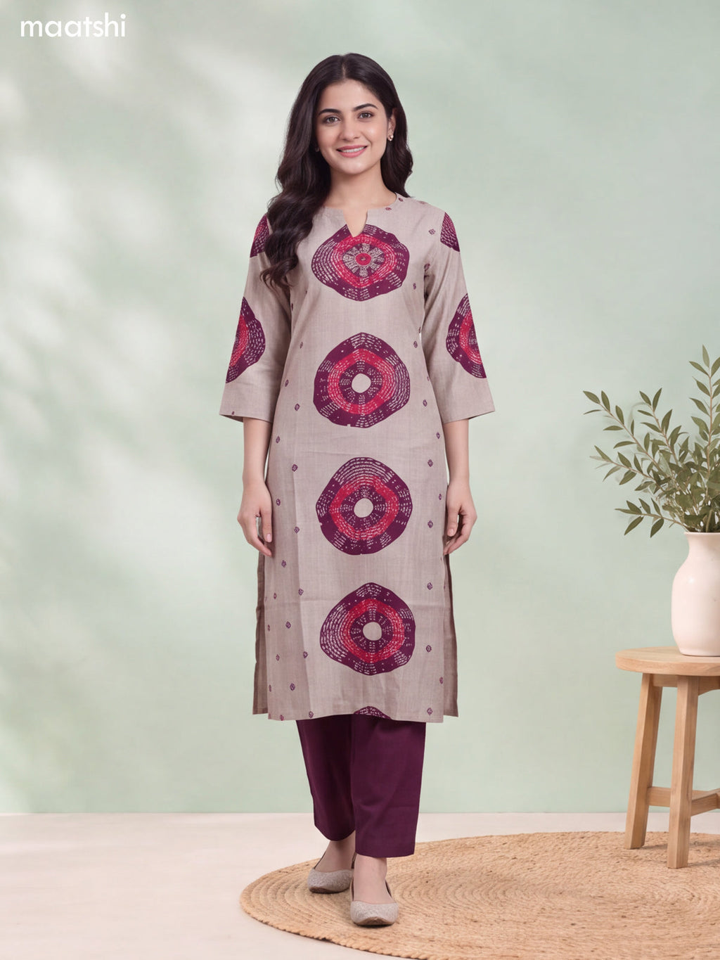Biege and Deep Wine Rayon Printed & Embroidery Work Straight Long Kurti Set
