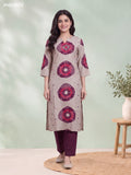 Biege and Deep Wine Rayon Printed & Embroidery Work Straight Long Kurti Set