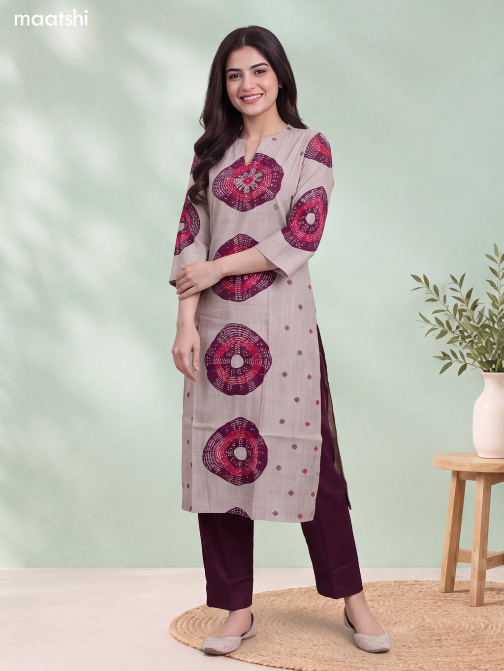 Biege and Deep Wine Rayon Printed & Embroidery Work Straight Long Kurti Set