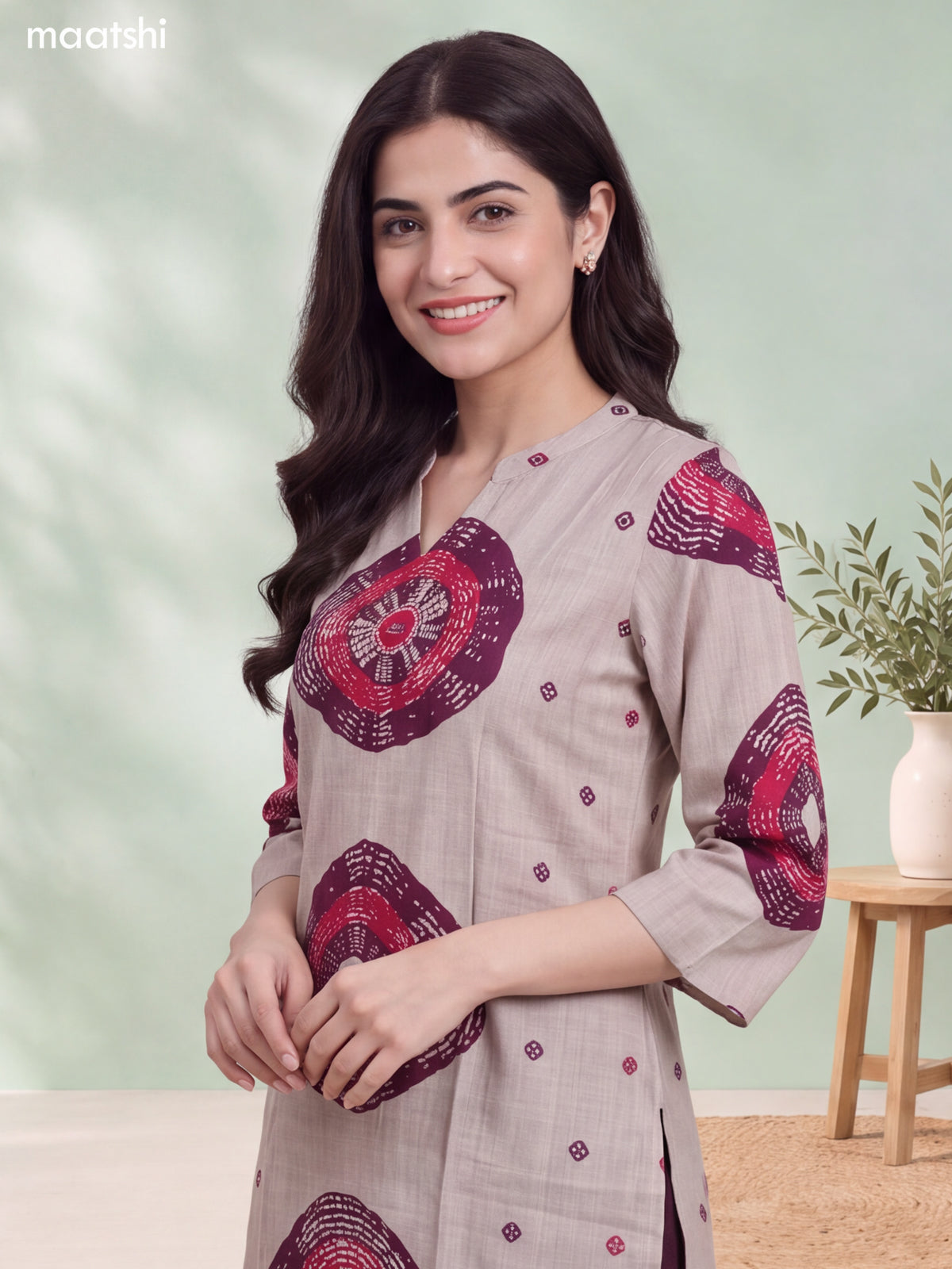 Biege and Deep Wine Rayon Printed & Embroidery Work Straight Long Kurti Set