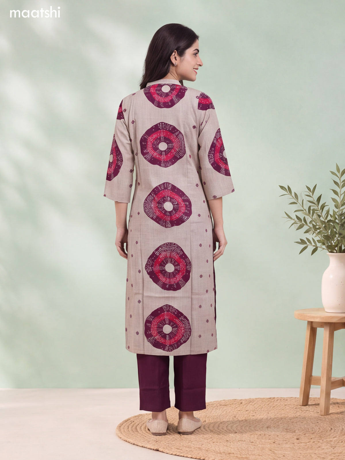 Biege and Deep Wine Rayon Printed & Embroidery Work Straight Long Kurti Set