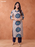 Biege and Navy Blue Rayon Printed & Embroidery Work Straight Long Kurti Set