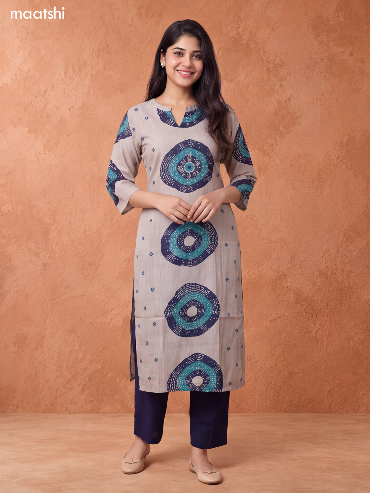 Biege and Navy Blue Rayon Printed & Embroidery Work Straight Long Kurti Set