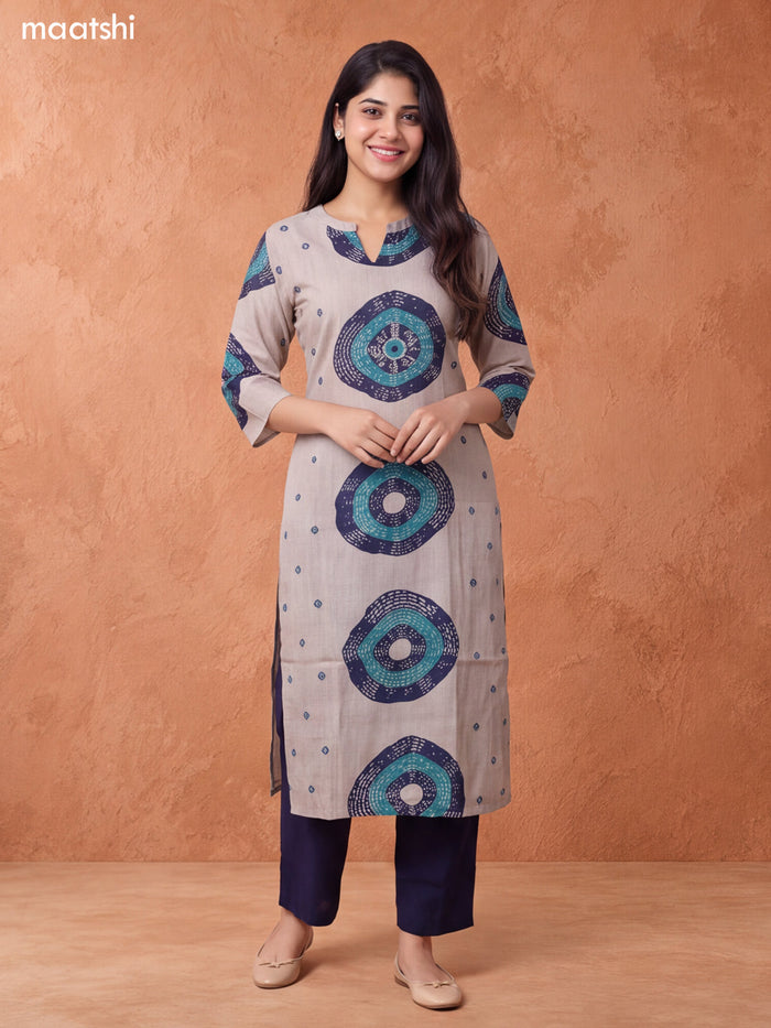 Biege and Navy Blue Rayon Printed & Embroidery Work Straight Long Kurti Set