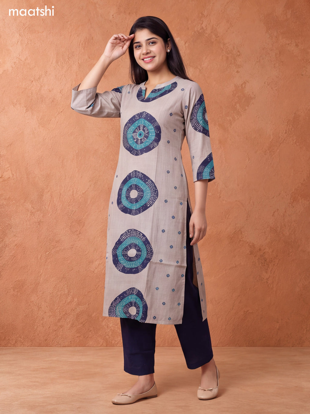 Biege and Navy Blue Rayon Printed & Embroidery Work Straight Long Kurti Set