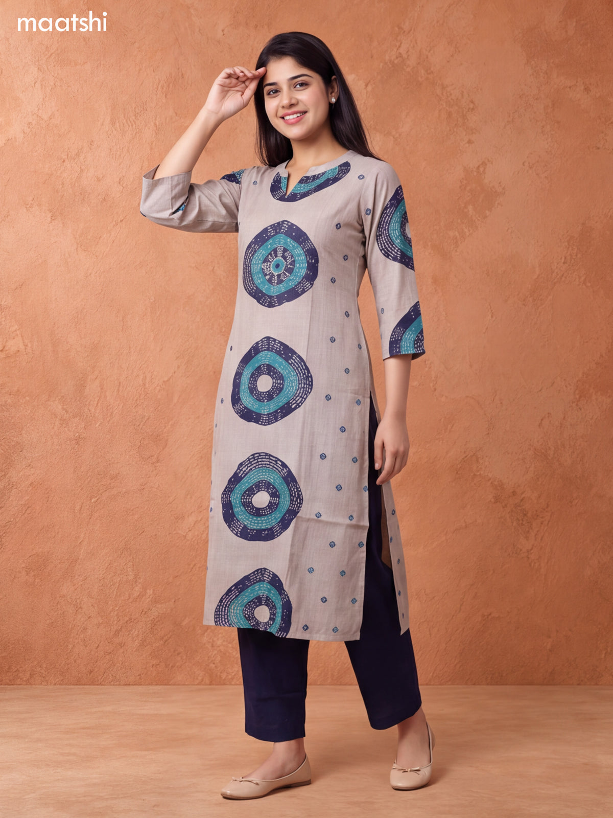 Biege and Navy Blue Rayon Printed & Embroidery Work Straight Long Kurti Set