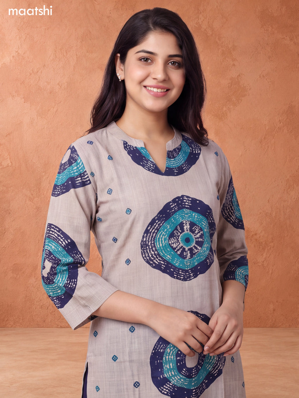 Biege and Navy Blue Rayon Printed & Embroidery Work Straight Long Kurti Set