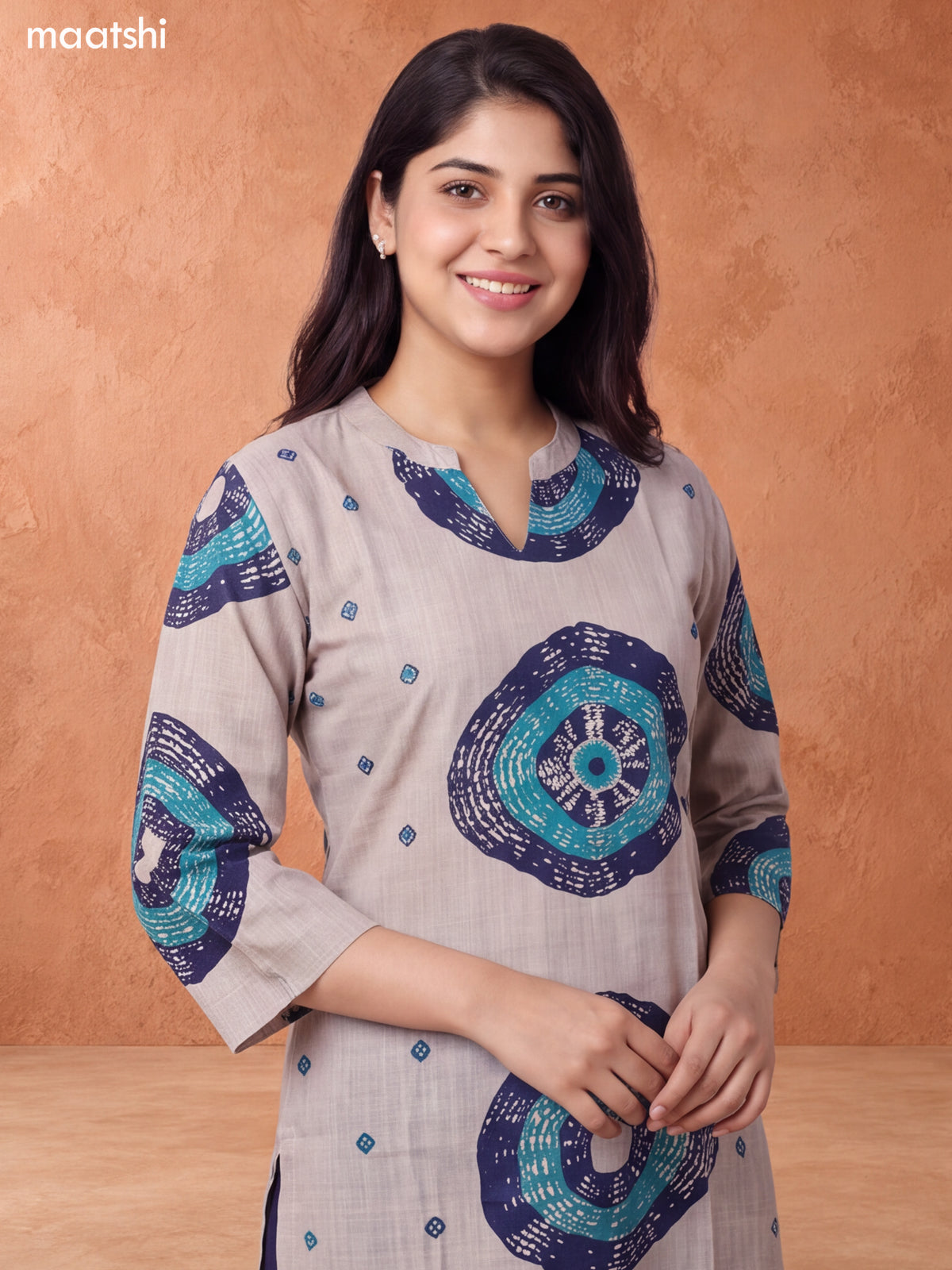 Biege and Navy Blue Rayon Printed & Embroidery Work Straight Long Kurti Set