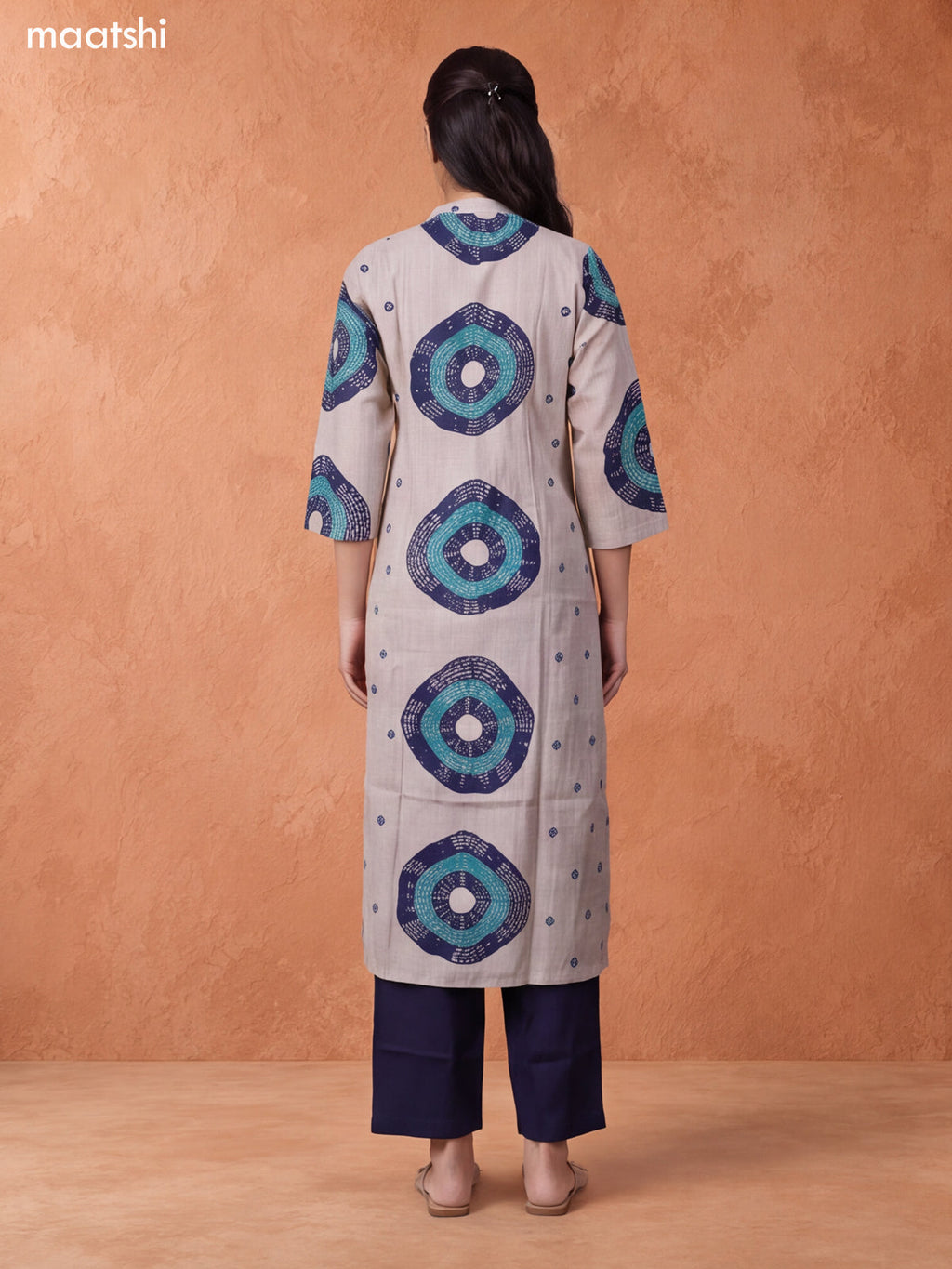 Biege and Navy Blue Rayon Printed & Embroidery Work Straight Long Kurti Set