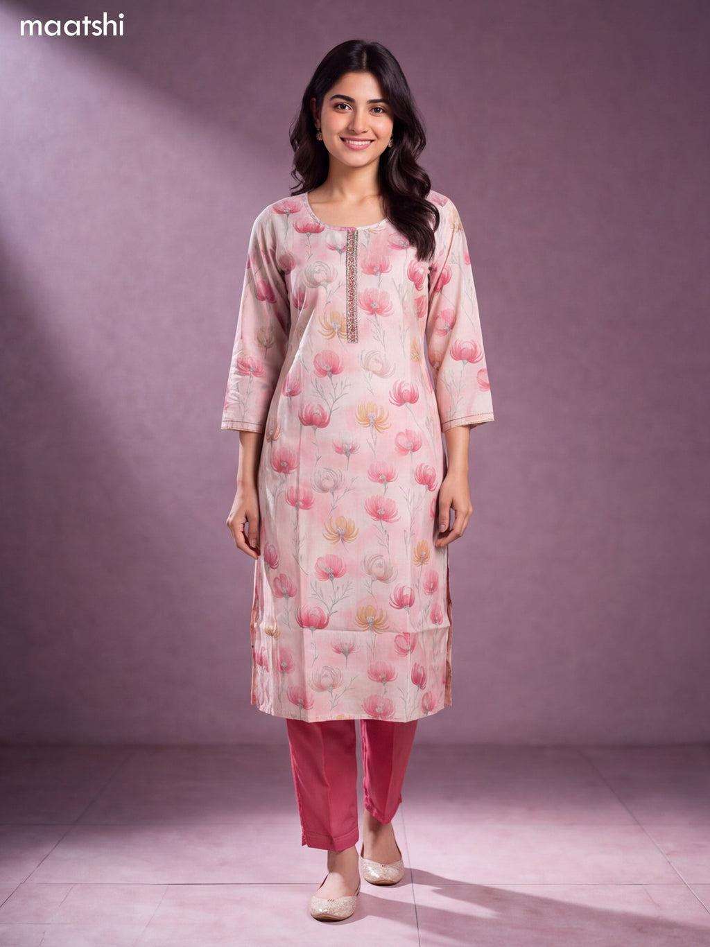 Cream and Peach Pink Modal Floral Printed & Embroidery Work Straight Kurti Set