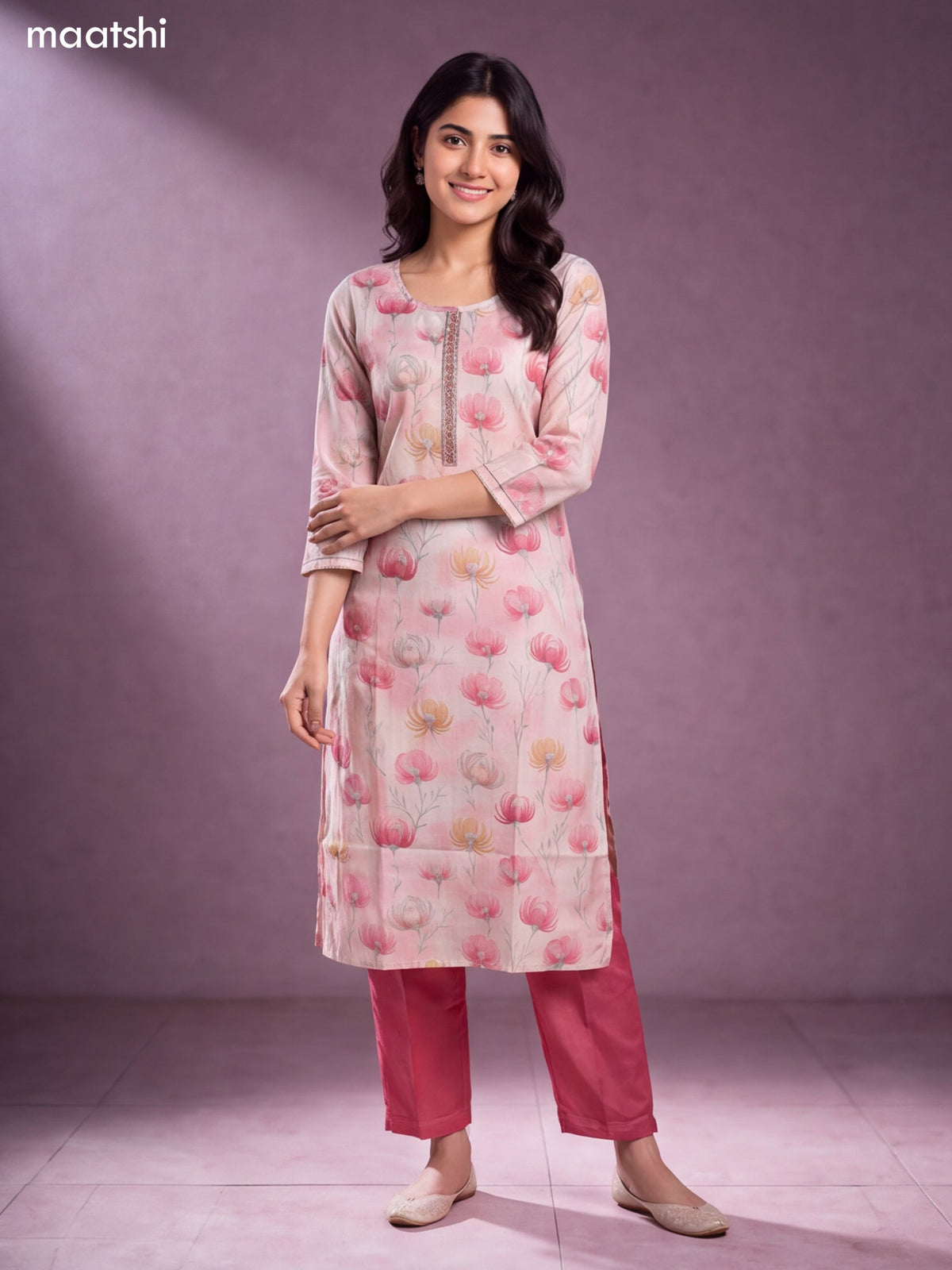 Cream and Peach Pink Modal Floral Printed & Embroidery Work Straight Kurti Set