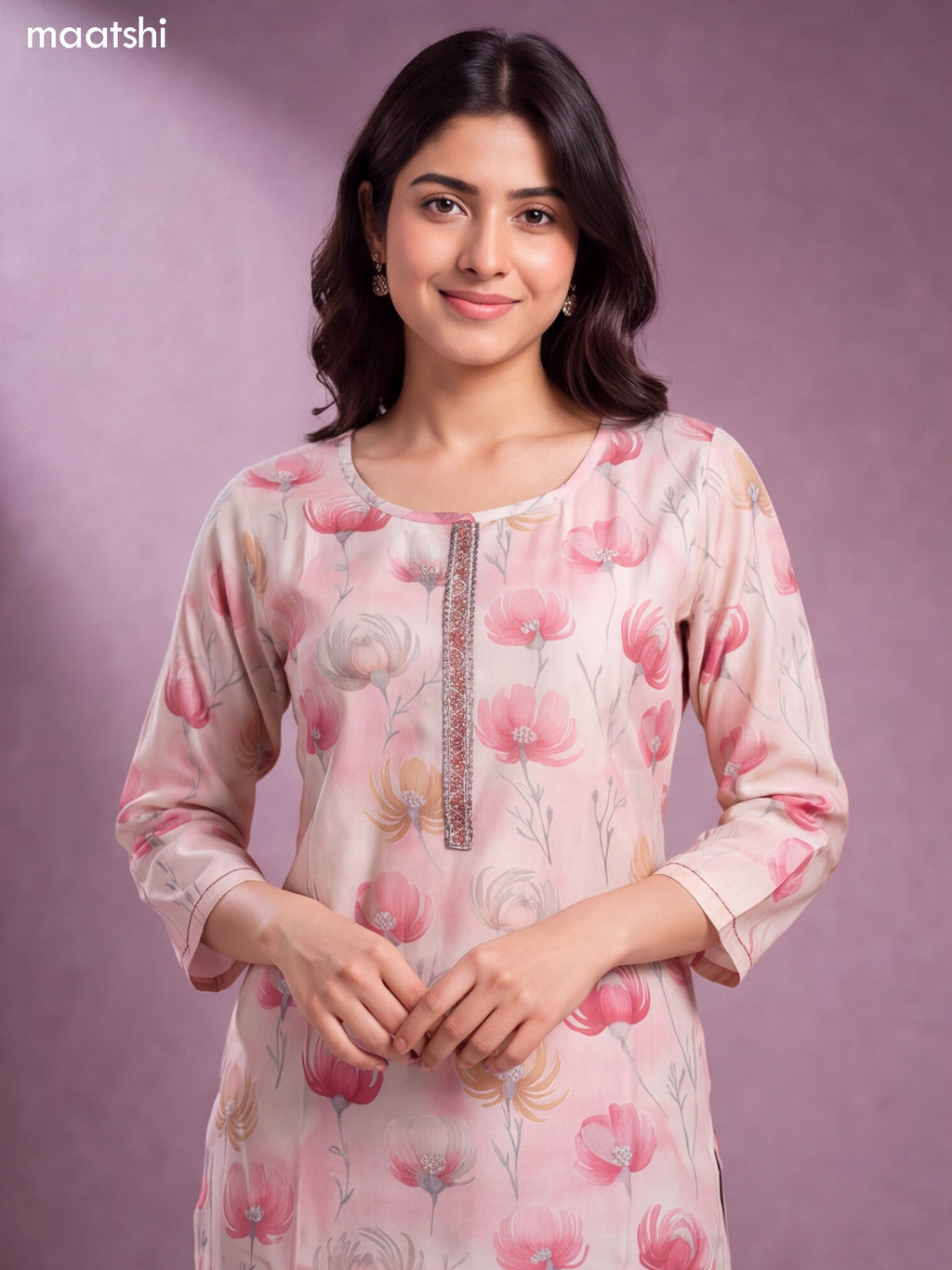 Cream and Peach Pink Modal Floral Printed & Embroidery Work Straight Kurti Set