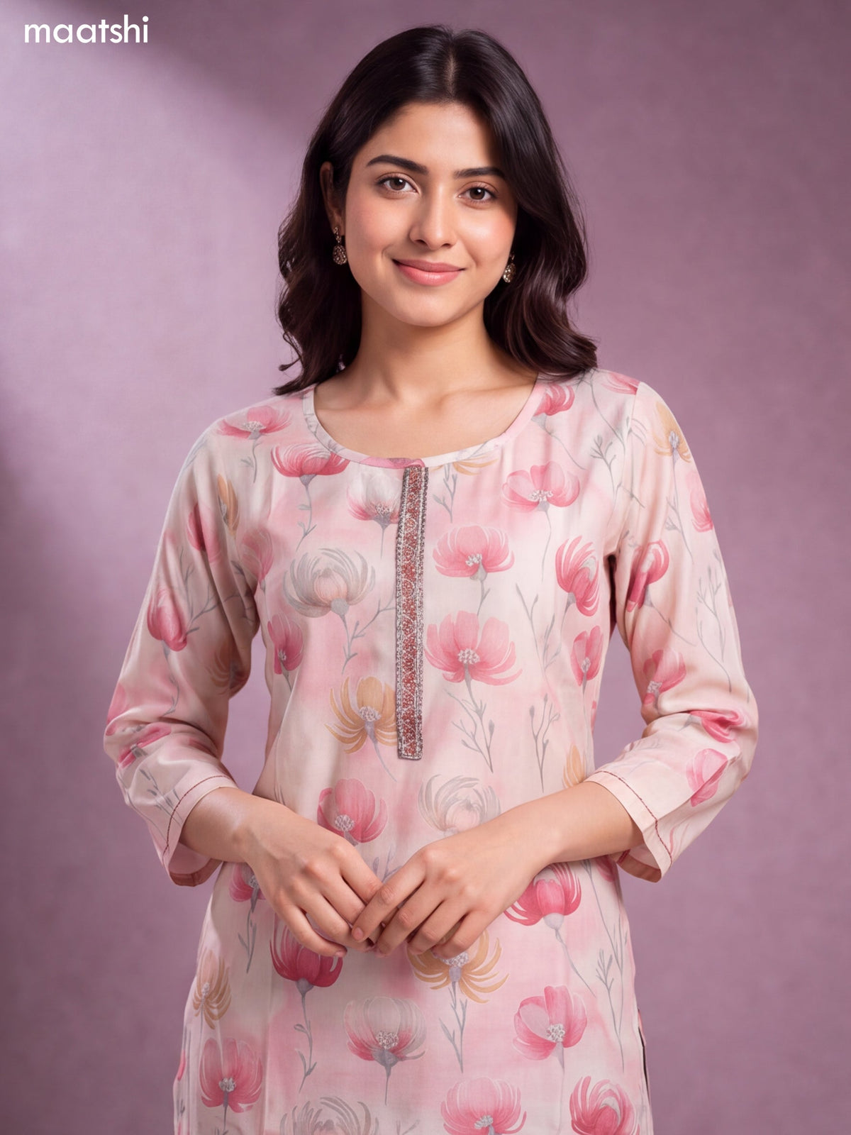 Cream and Peach Pink Modal Floral Printed & Embroidery Work Straight Kurti Set
