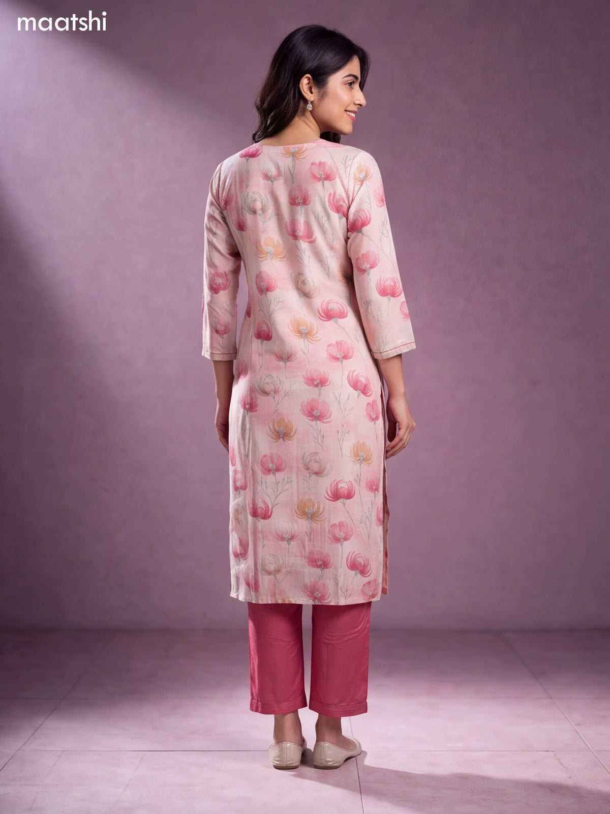 Cream and Peach Pink Modal Floral Printed & Embroidery Work Straight Kurti Set