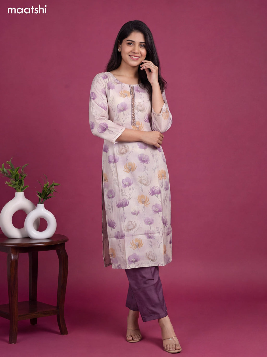 Cream and Pastel Purple Modal Floral Printed & Embroidery Work Straight Kurti Set