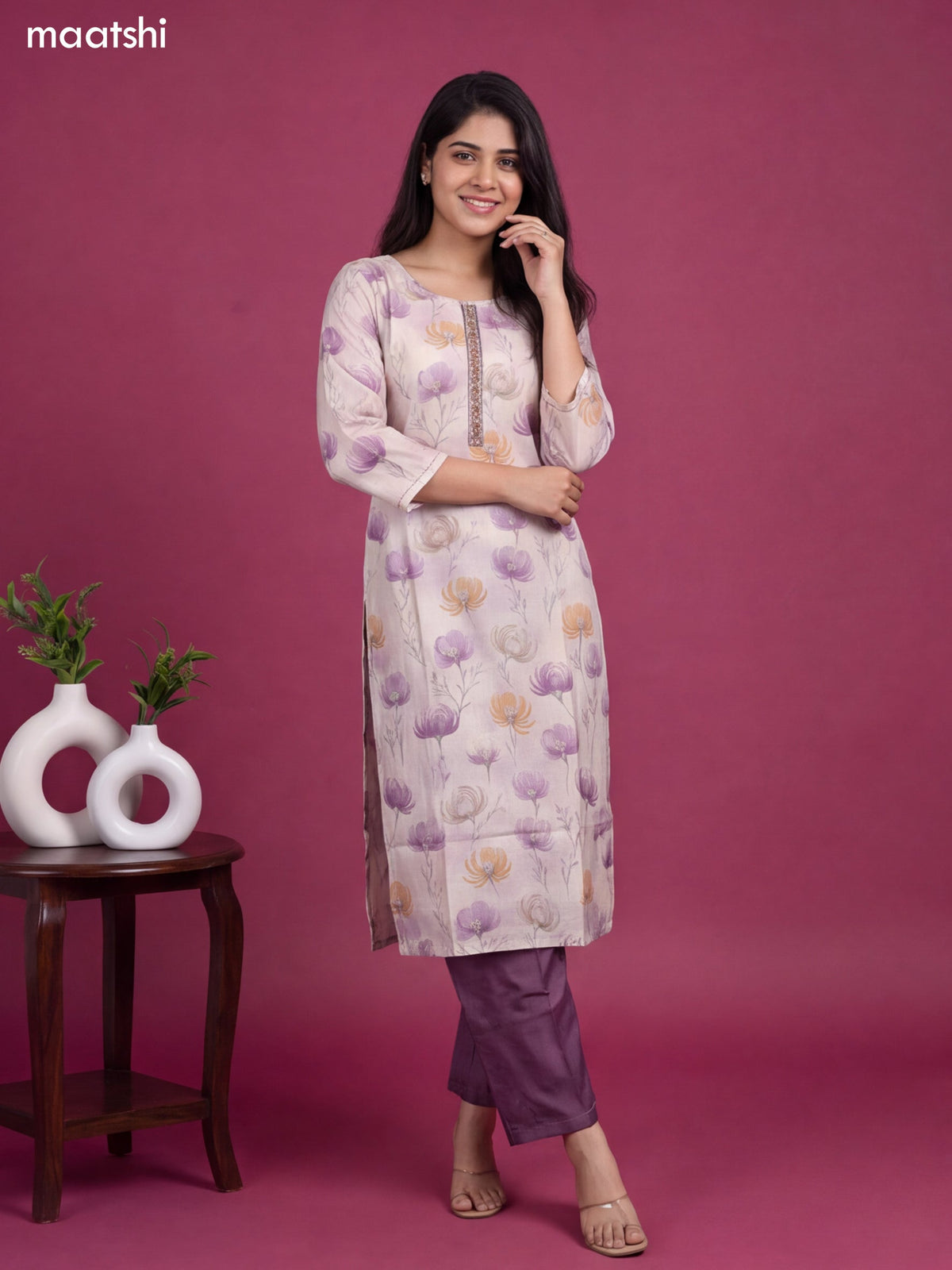 Cream and Pastel Purple Modal Floral Printed & Embroidery Work Straight Kurti Set