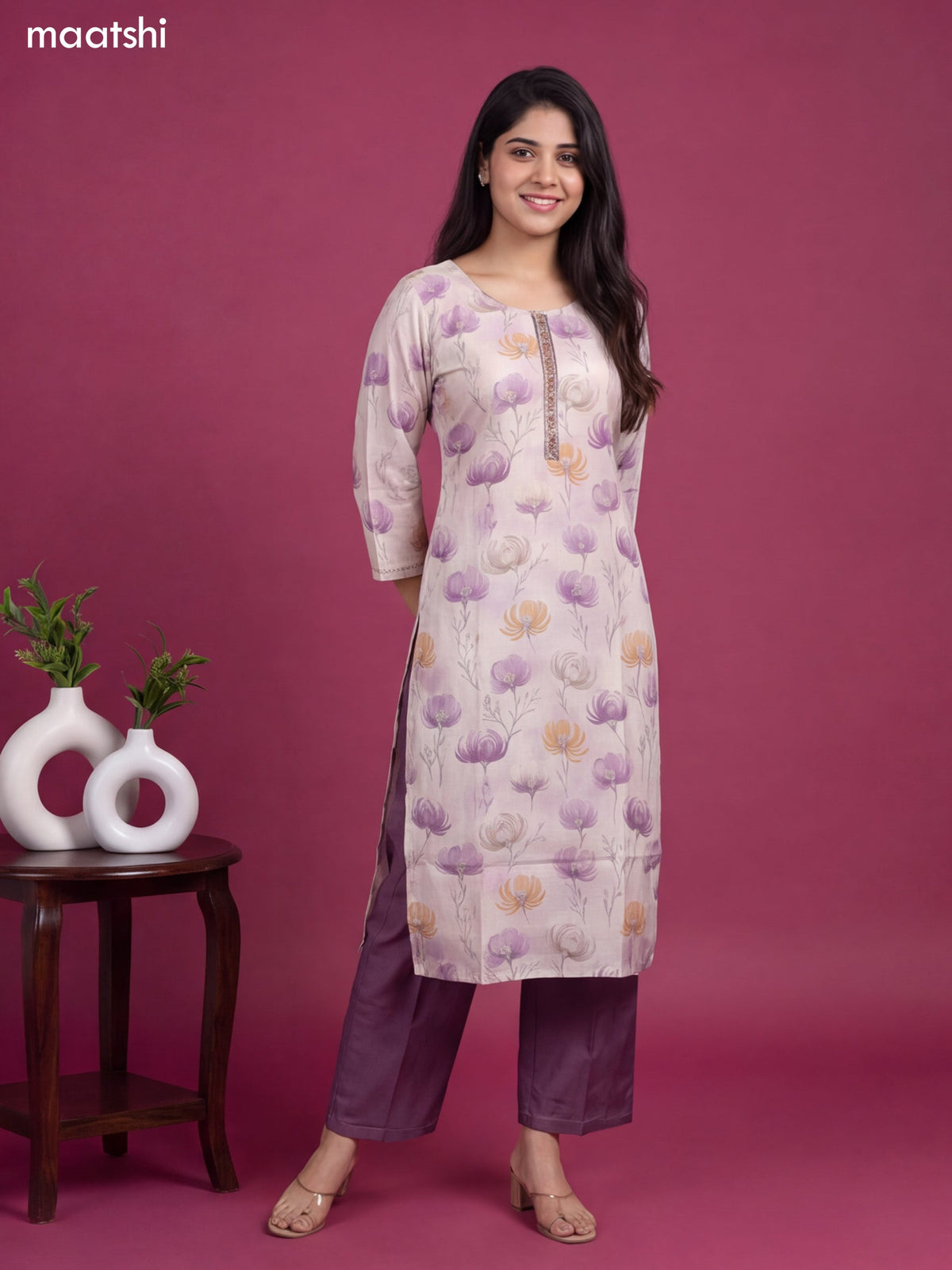 Cream and Pastel Purple Modal Floral Printed & Embroidery Work Straight Kurti Set