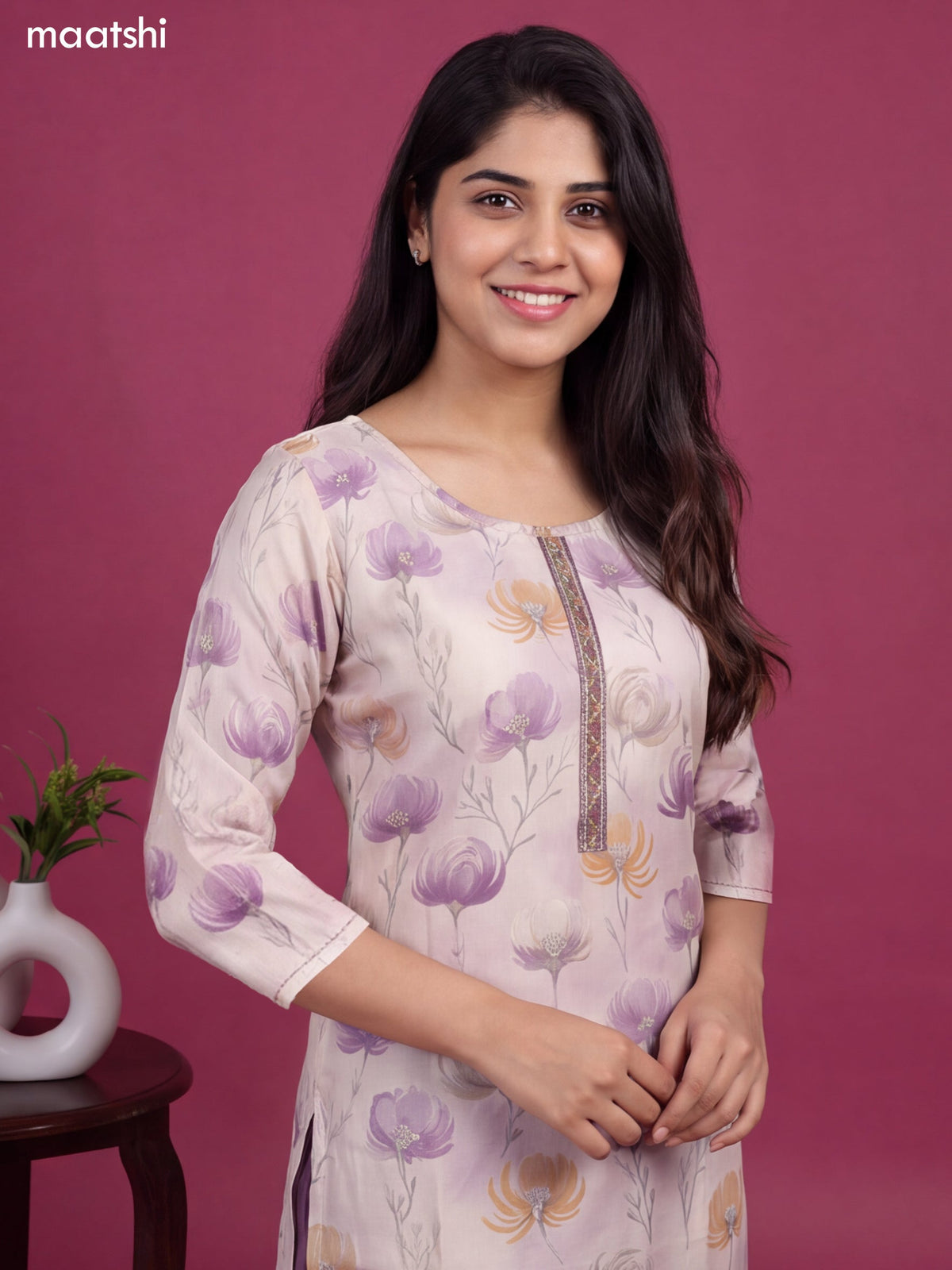 Cream and Pastel Purple Modal Floral Printed & Embroidery Work Straight Kurti Set