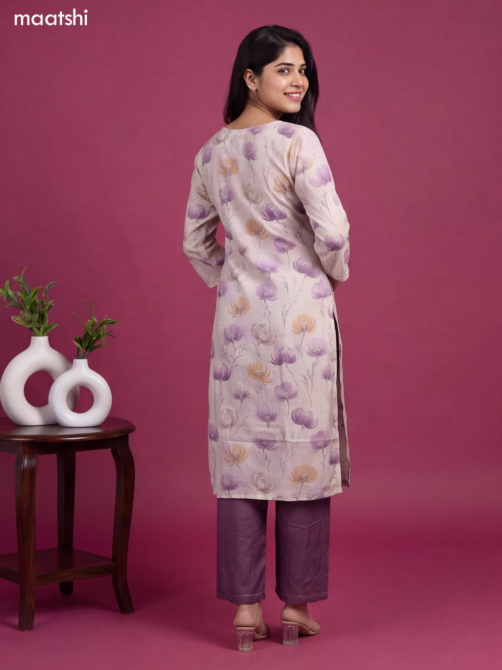 Cream and Pastel Purple Modal Floral Printed & Embroidery Work Straight Kurti Set