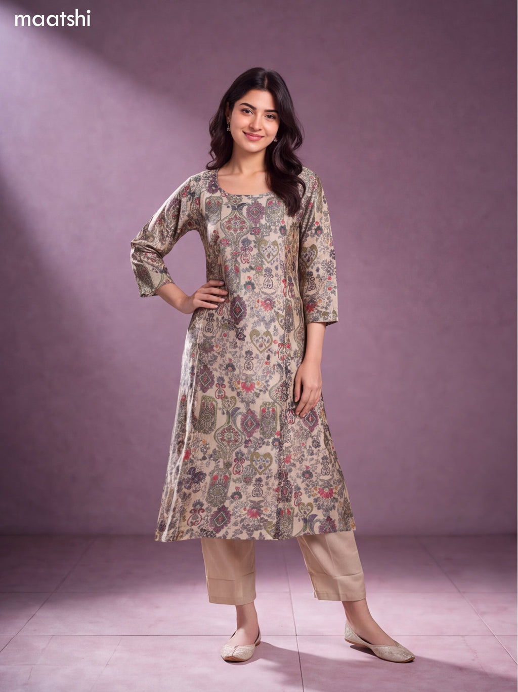 Cream and Pastel Green Modal Floral Printed & Embroidery Work A-Line Kurti Set