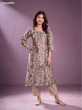 Cream and Pastel Green Modal Floral Printed & Embroidery Work A-Line Kurti Set