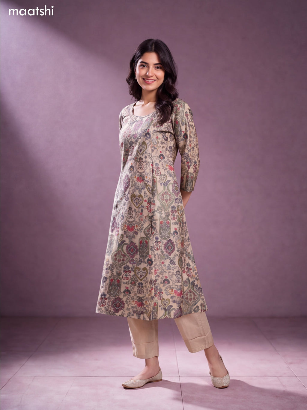 Cream and Pastel Green Modal Floral Printed & Embroidery Work A-Line Kurti Set