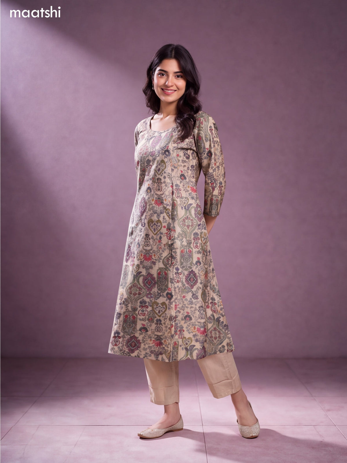Cream and Pastel Green Modal Floral Printed & Embroidery Work A-Line Kurti Set