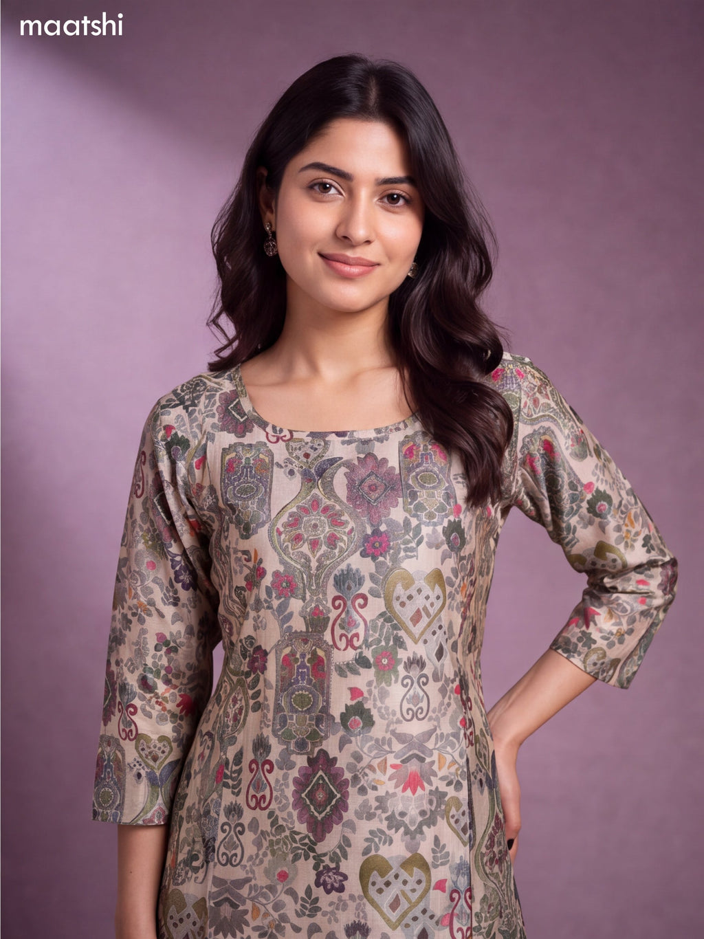 Cream and Pastel Green Modal Floral Printed & Embroidery Work A-Line Kurti Set