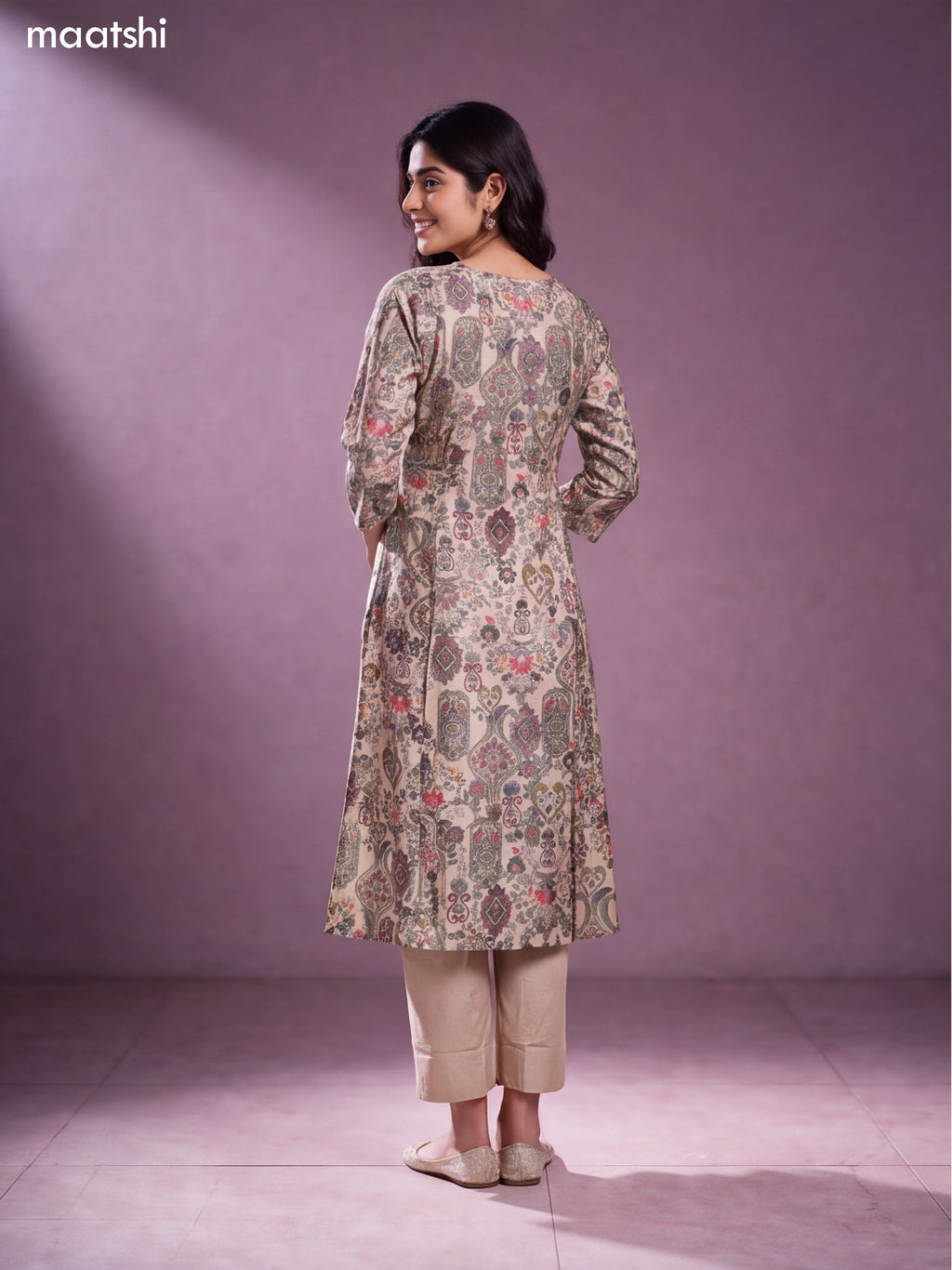 Cream and Pastel Green Modal Floral Printed & Embroidery Work A-Line Kurti Set