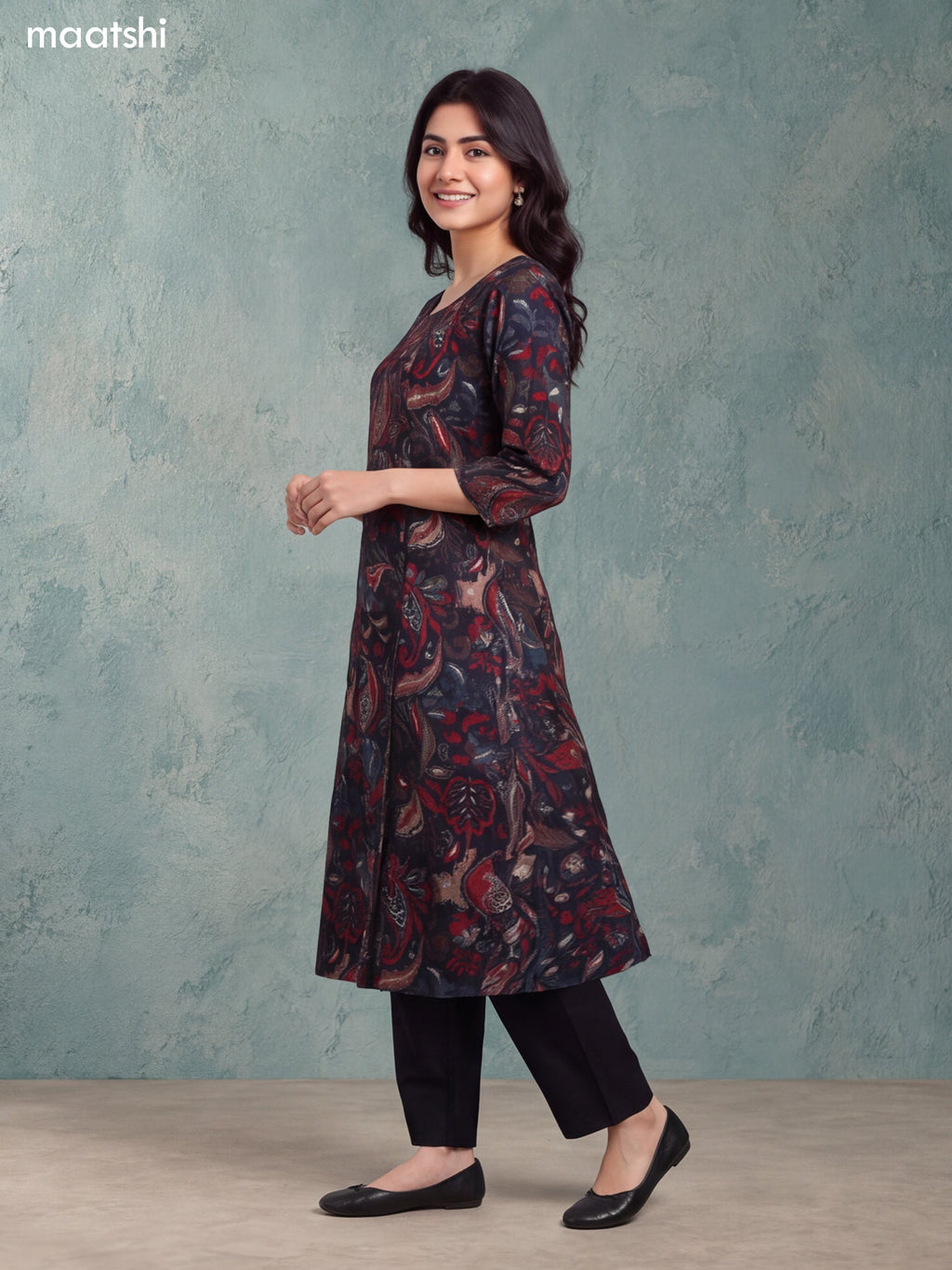 Black Modal Printed & Embroidery Work A-Line Kurti Set