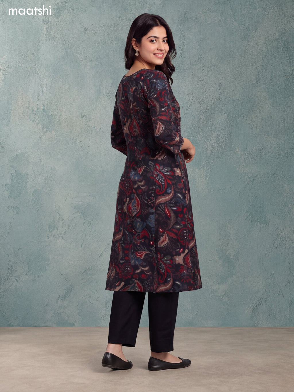 Black Modal Printed & Embroidery Work A-Line Kurti Set