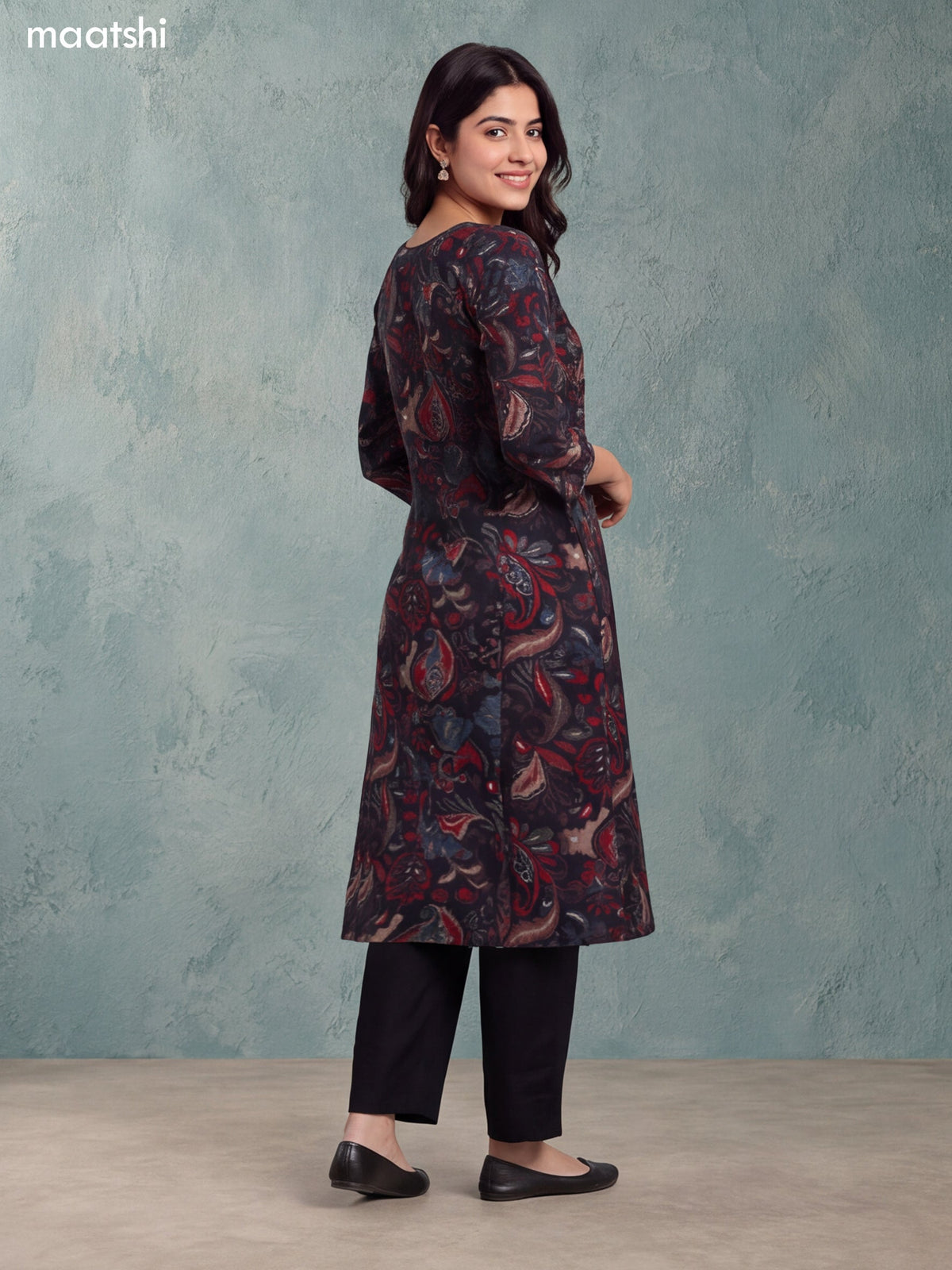 Black Modal Printed & Embroidery Work A-Line Kurti Set