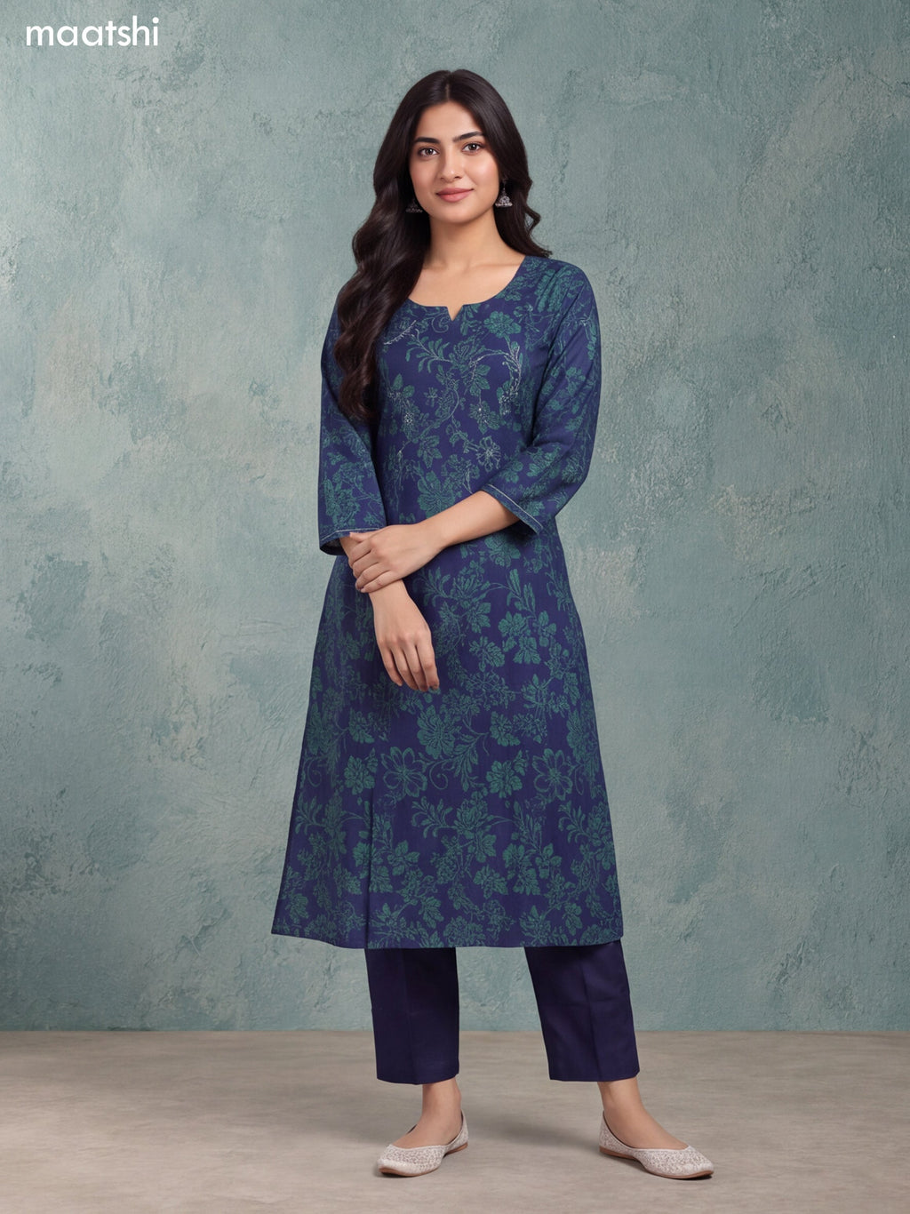 Navy Blue and Green Rayon Printed & Embroidery Work A-Line Kurti Set