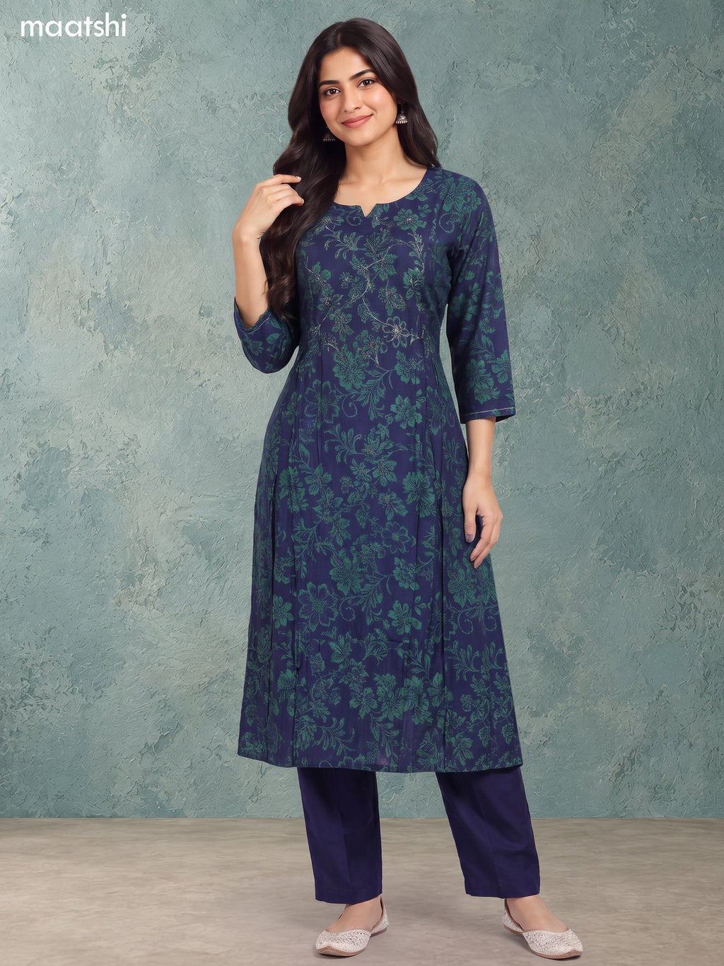 Navy Blue and Green Rayon Printed & Embroidery Work A-Line Kurti Set