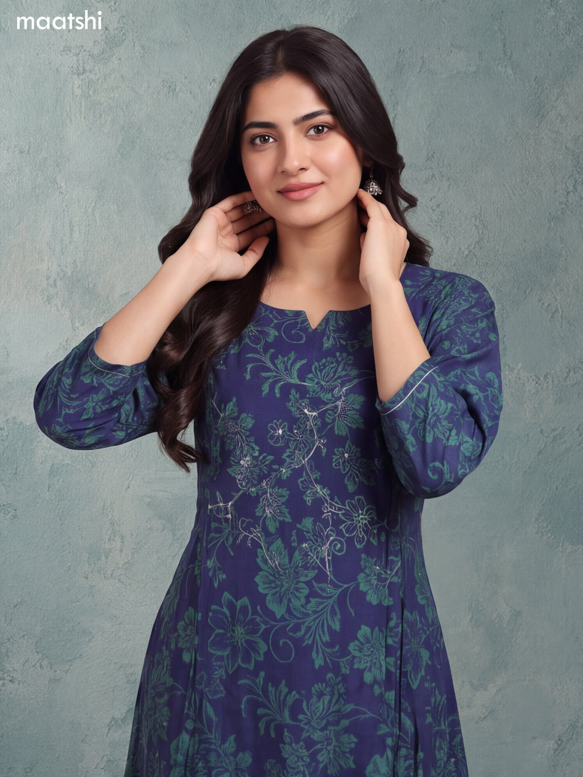 Navy Blue and Green Rayon Printed & Embroidery Work A-Line Kurti Set