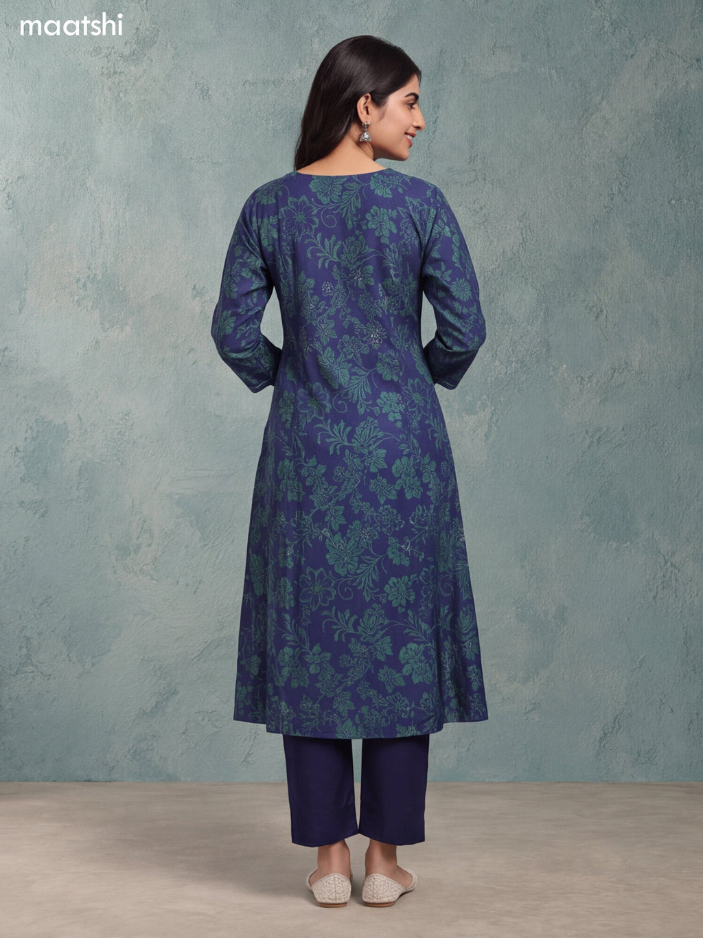 Navy Blue and Green Rayon Printed & Embroidery Work A-Line Kurti Set
