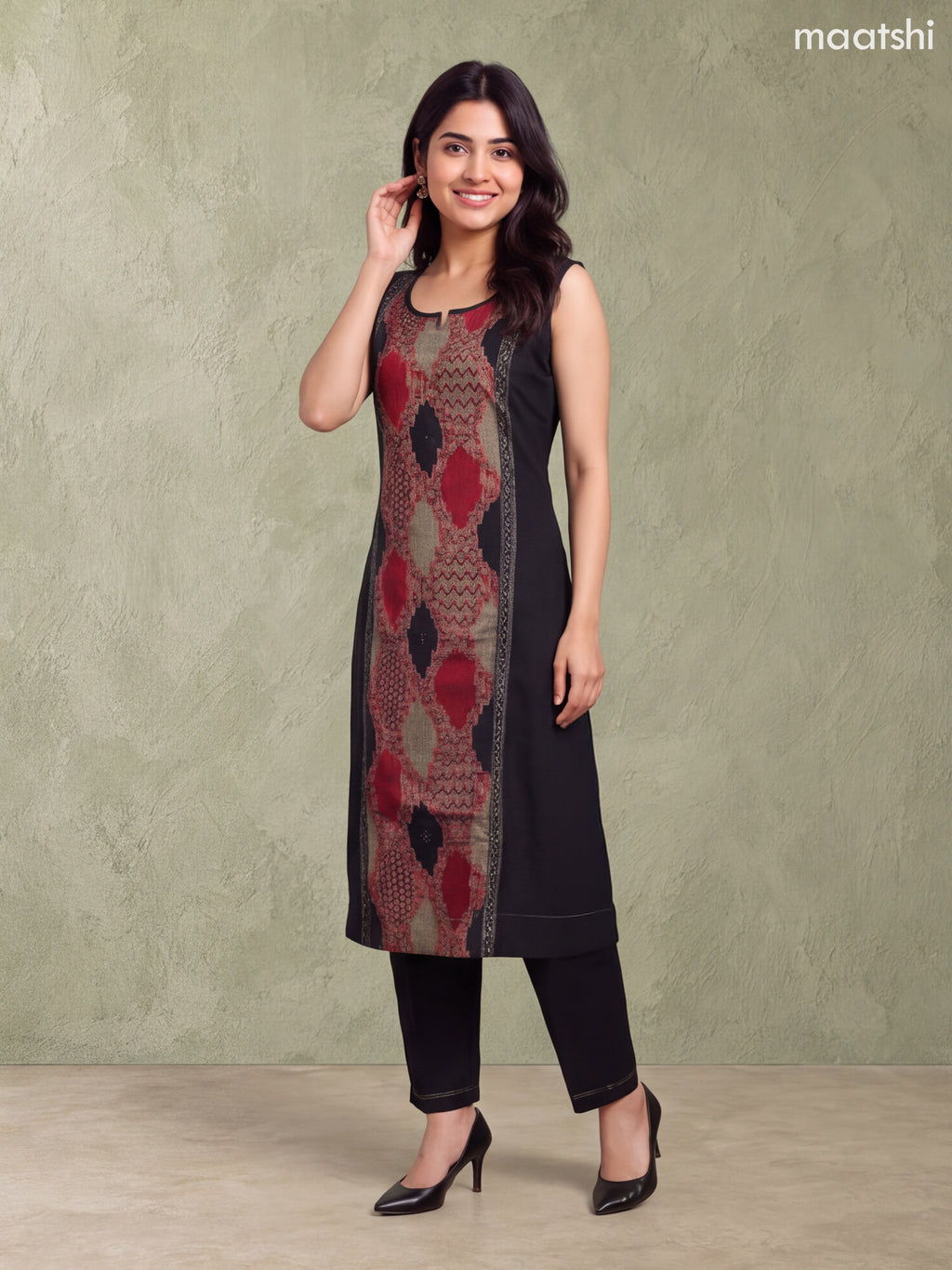 Black and Biege Rayon Printed & Simple Embroidery Work A-Line Kurti Set