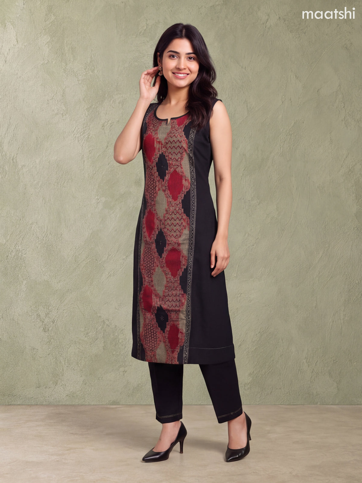 Black and Biege Rayon Printed & Simple Embroidery Work A-Line Kurti Set